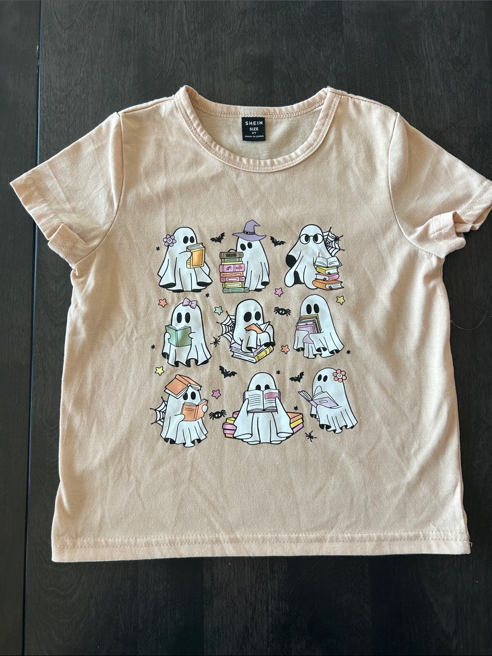 SHEIN Peach Graphic Ghosts Reading Short Sleeve Tee size 4Y